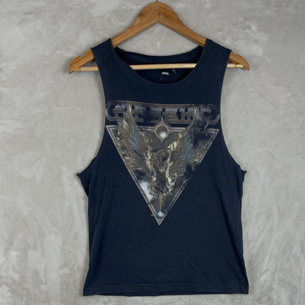 ASOS Design Mens XS Black Firebird Graphic Muscle Tank Top Sleeveless Y2K Grunge